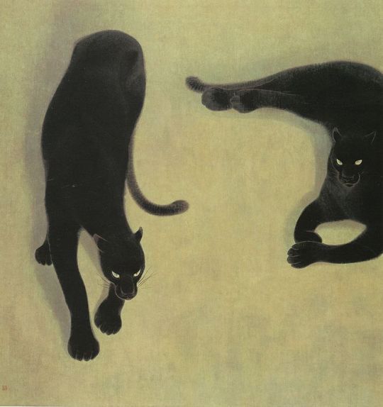 A stylized artwork showing two black panthers on a pale yellow-green background, one standing and one crouching, with pale yellow eyes.