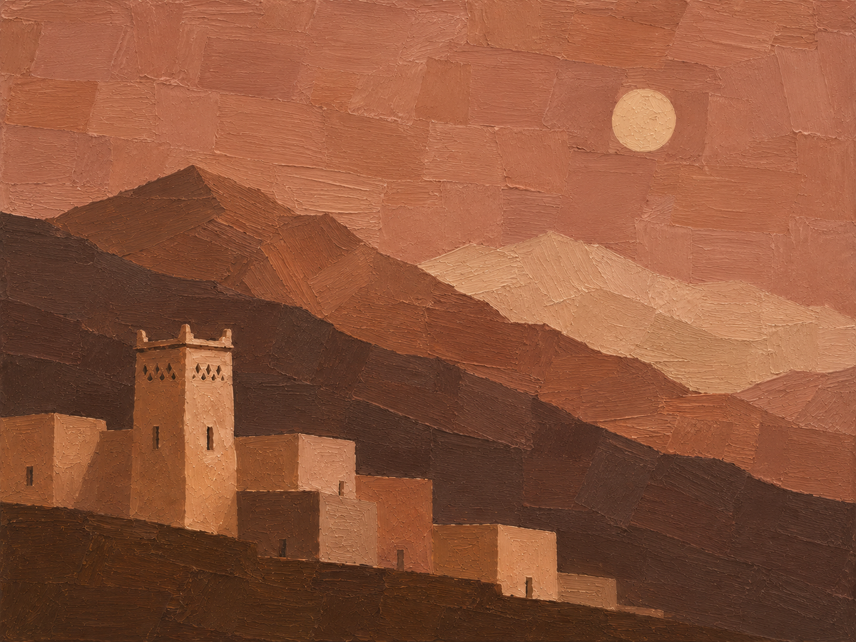 An impressionistic landscape painting featuring a cluster of beige and brown buildings with a tower, set against layered brown Moroccan Atlas mountains under a warm terracotta sky with a pale sun or moon.