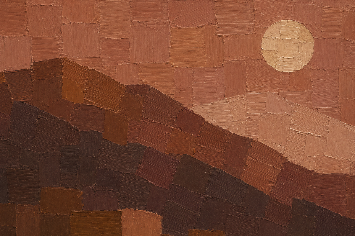 An abstract landscape painting featuring textured geometric hills in earthy brown and terracotta tones under a warm orange sky with a pale sun.