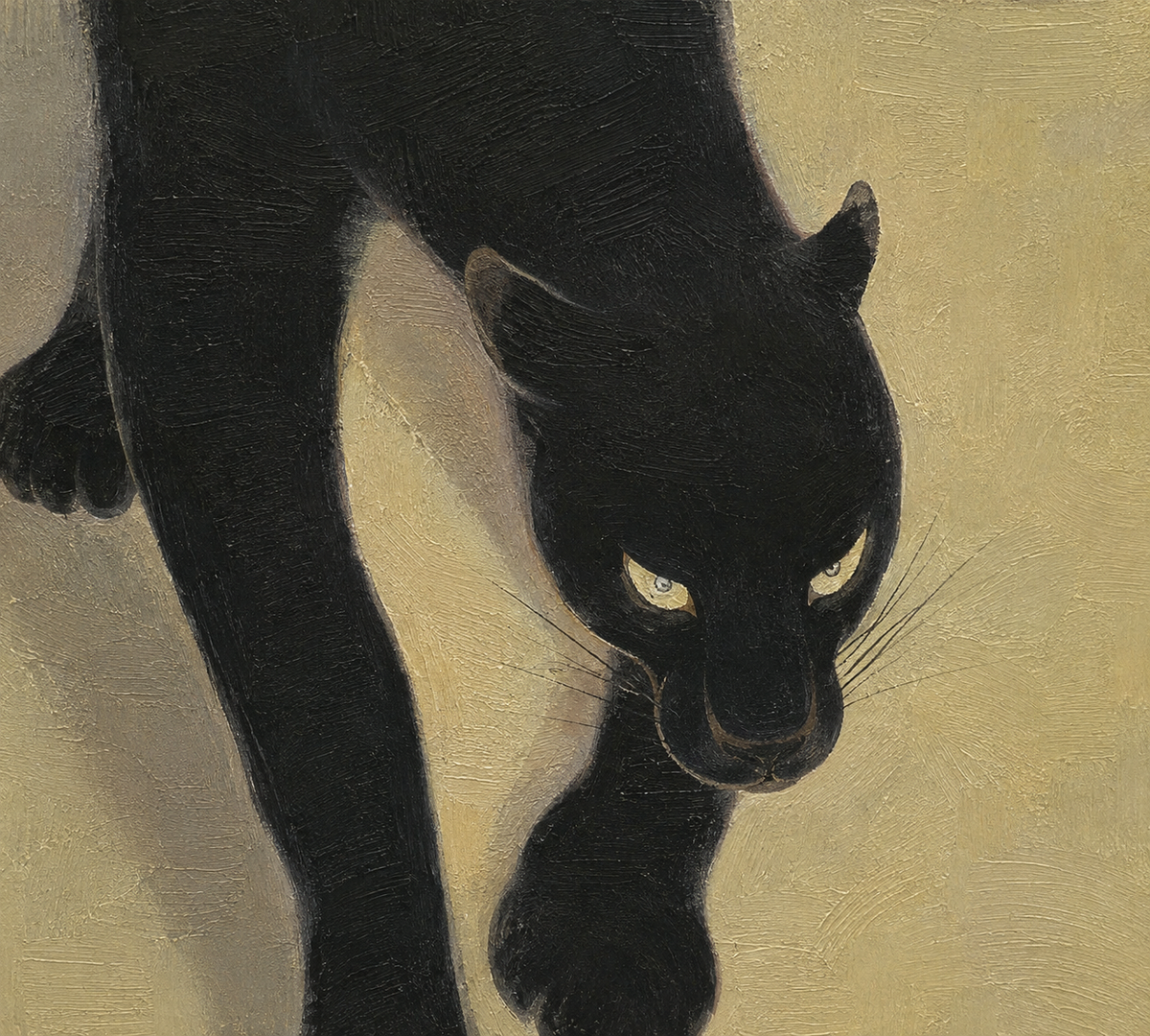 A close-up painting of a black panther or black cat walking forward against a warm beige background, with pale yellow eyes and visible brush texture throughout the artwork.