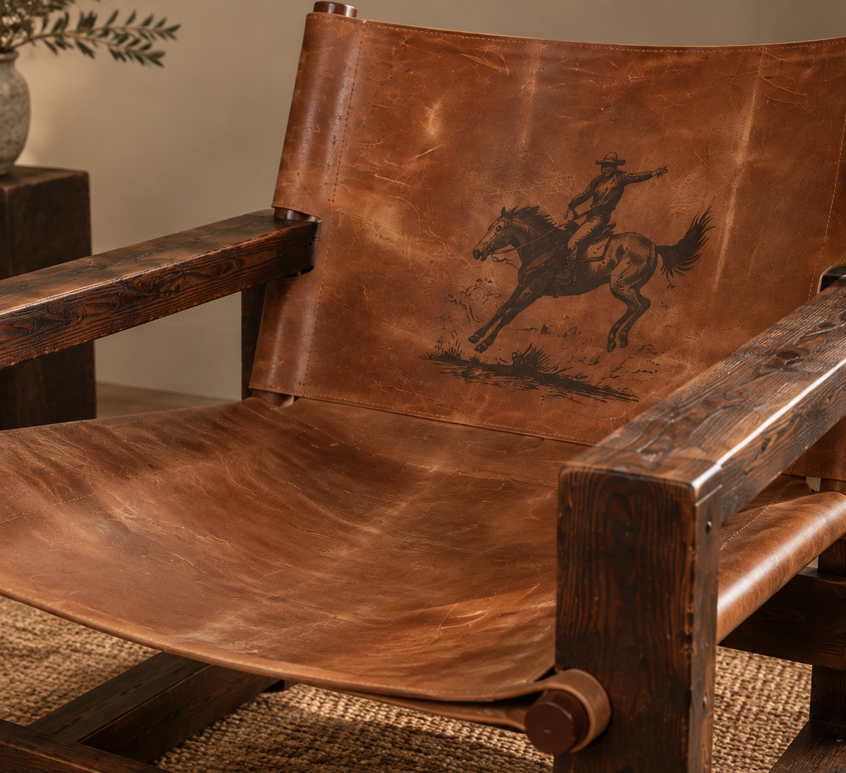 sling leather lounge chair with cowboy leather 