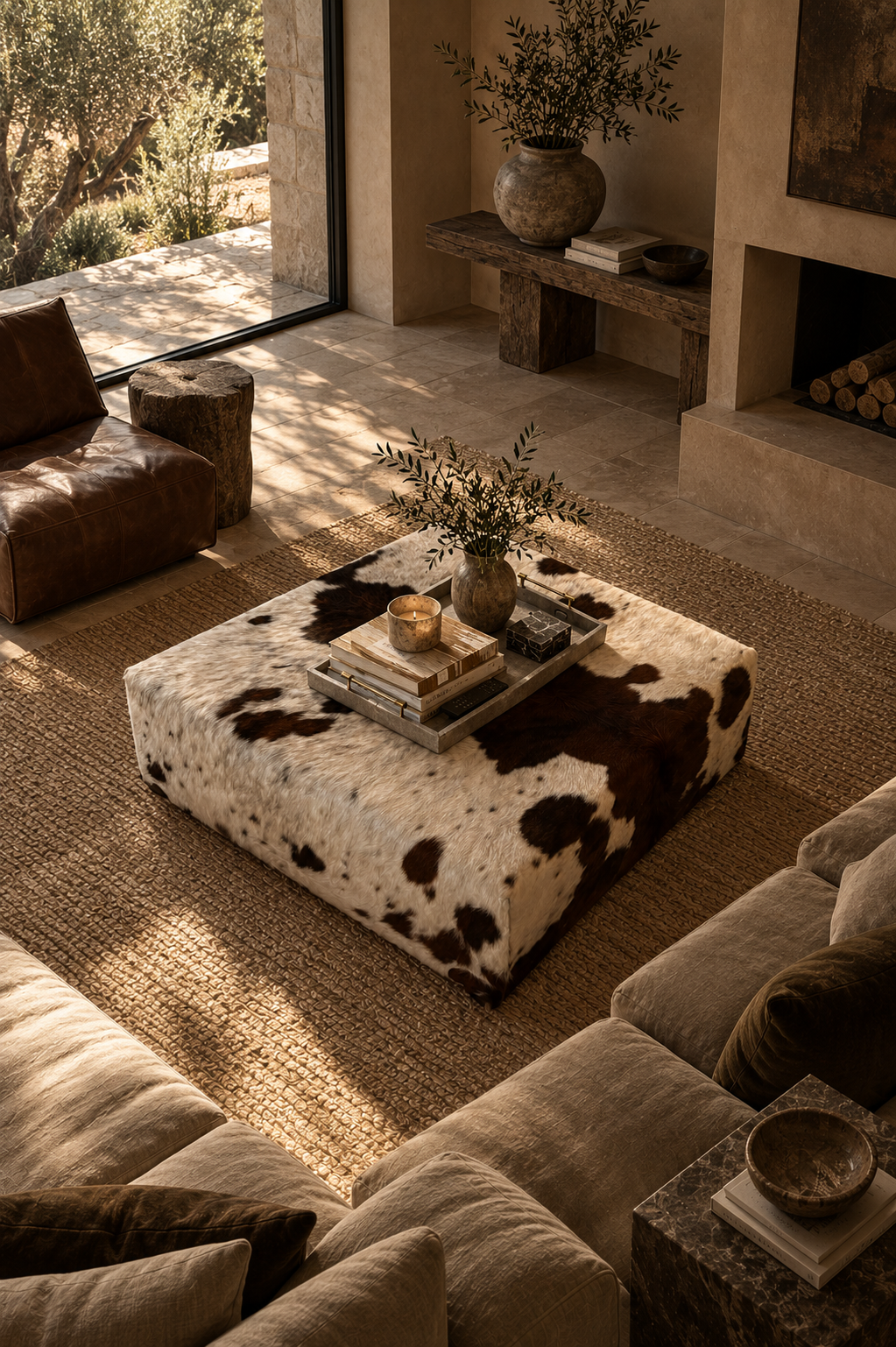 A large square ottoman with a black and white cowhide pattern sits in a sunlit living room on a woven rug, styled with books, a small vase of greenery, and a tray. Sofas, a leather chair, and a fireplace are visible in the room.