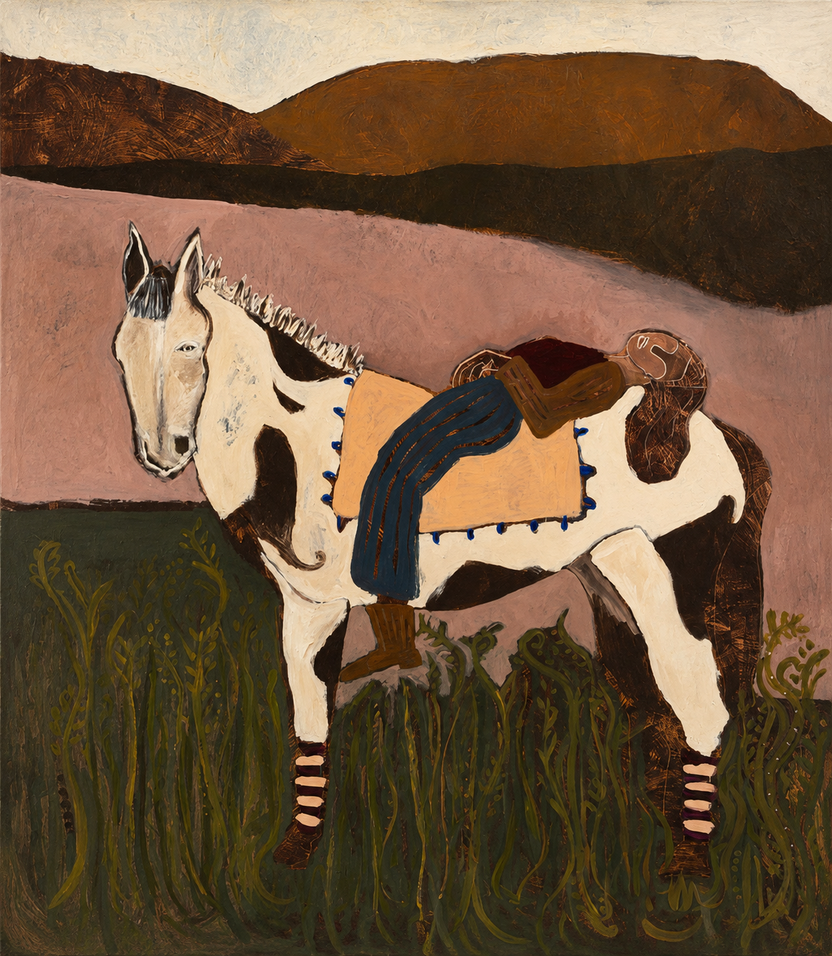 An expressive painting of a white horse with black patches standing in a grassy field, with a pinkish-brown landscape and dark brown hills in the background. The horse is wearing a tan saddle pad and blue blanket, and the scene has a stylized, textured brushstroke appearance.