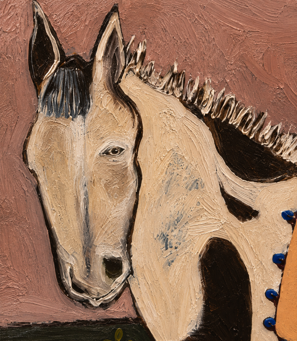 A close-up painted depiction of a horse's head and neck, rendered with thick textured brushstrokes in beige, black, brown, and muted blue-gray tones against a dusty mauve-brown background.