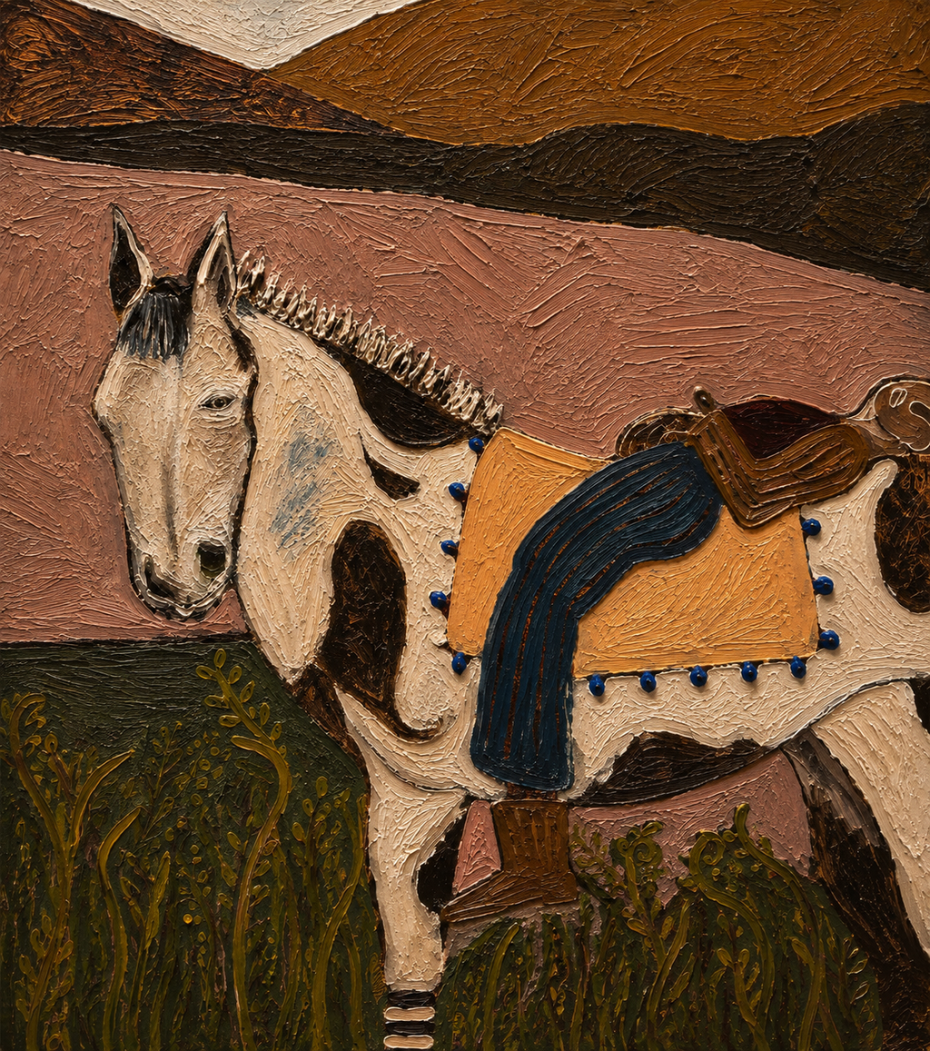 A textured painting of a pinto horse wearing blue jeans and a yellow-orange saddle pad, set against a stylized landscape of brown hills and green brush.
