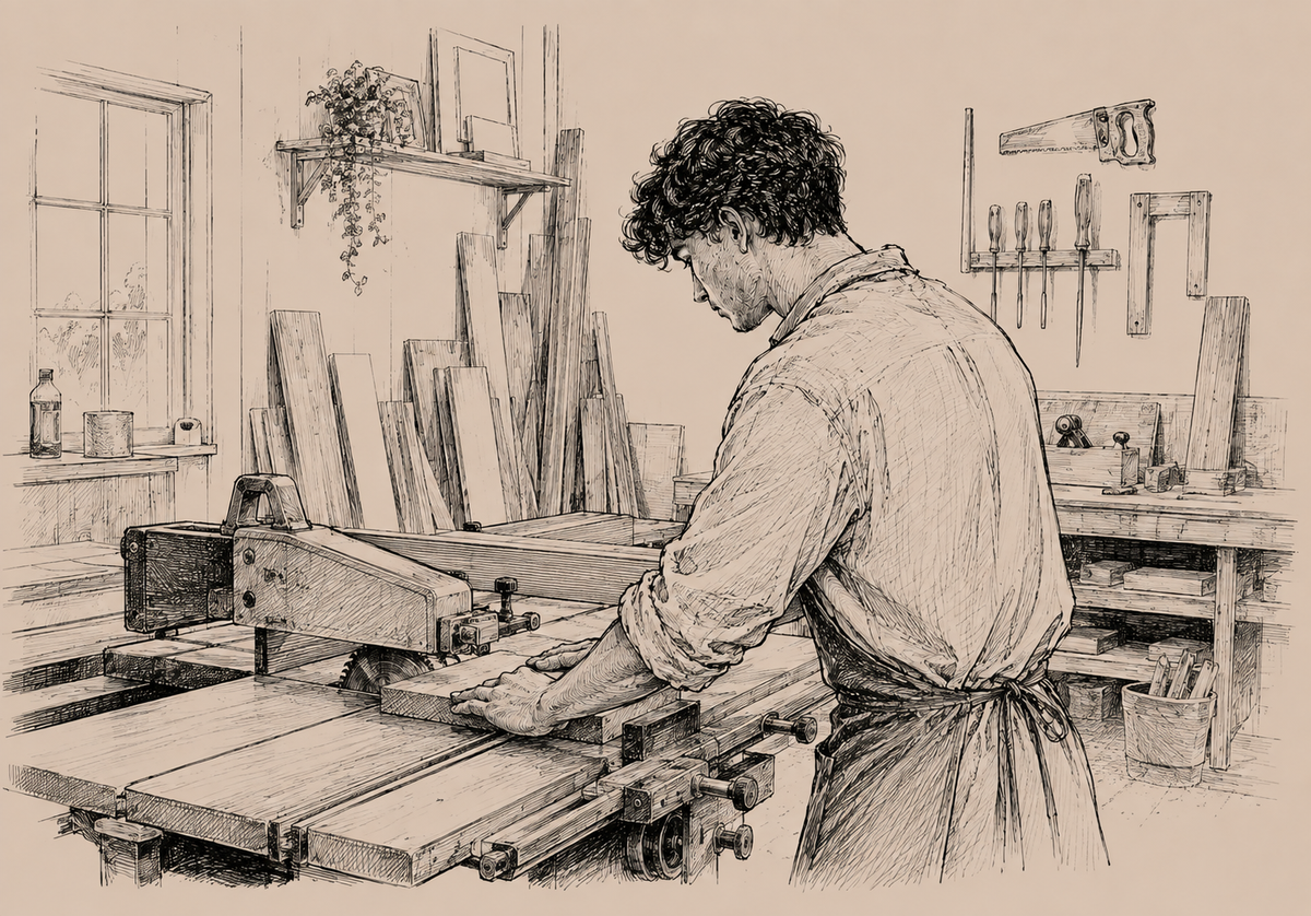 A sepia-toned sketch illustration of a person working at a woodworking table saw in a workshop, with wood planks, tools, shelves, and a window in the background.