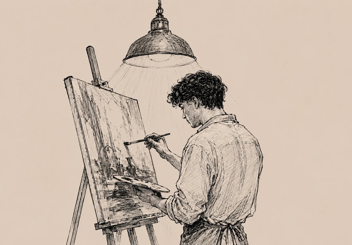 A sepia-toned sketch illustration of a person painting on an easel, with a hanging lamp above casting light onto the canvas.